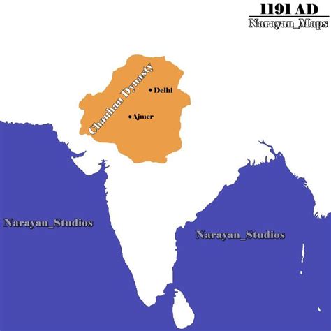 Map of Chauhan Dynasty under the kingship of Prithviraj Chauhan in 1191 ...