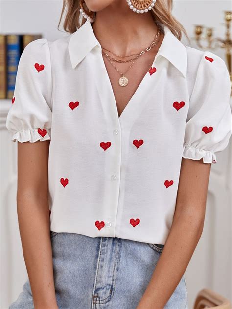 SHEIN Heart Embroidery Button Front Shirt Camisas Bordadas Camisas