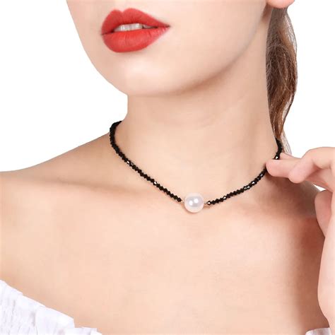 Fashion Cute Black Crystal Chain Choker Necklace Simulated Pearl