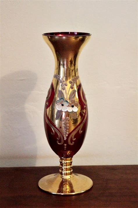 Vintage Czech Bohemian Hand Painted Gilded Glass Vase