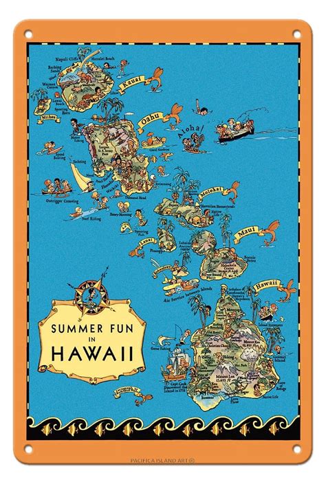 Summer Fun in Hawaii Map - Hawaii Tourist Bureau - Vintage Pictorial