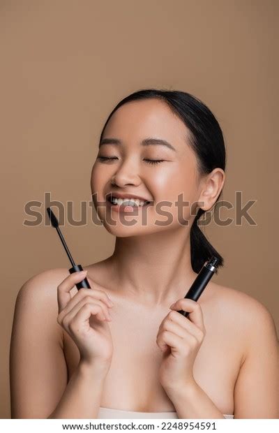 Cheerful Asian Woman Naked Shoulders Holding Stock Photo 2248954591