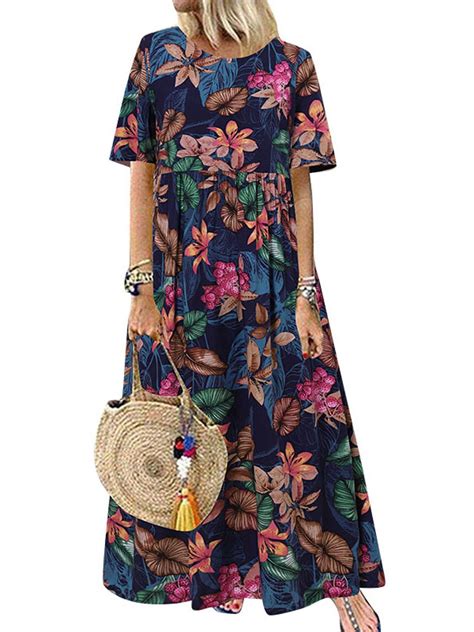 ZANZEA Women Short Sleeve Floral Print Loose Casual Long Dress