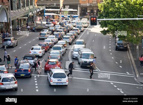 Traffic Congestion For Cars In Sydney City Centre During Rush Hour For