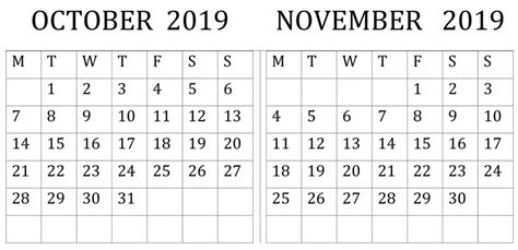 October November 2019 Calendar Pdf Word Template Latest Printable