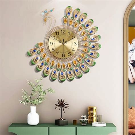 Gold Peacock Clock Large 3D Metal Wall Art Quartz Crystal Diamond