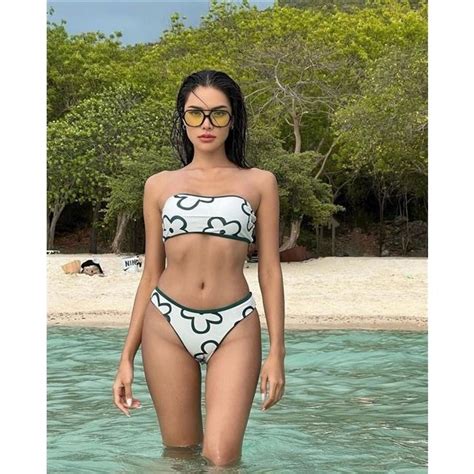 Women Swimsuit White Flower Print Bandeau Two Piece Bikini Swimwear Shopee Philippines