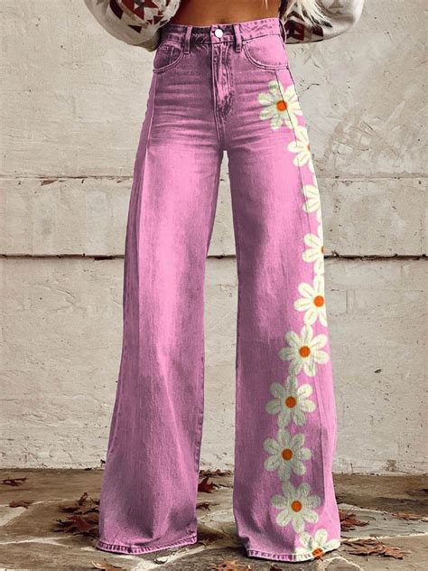 Womens Pink Flower Print Casual Wide Leg Pants In 2024 Casual Wide