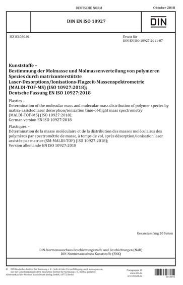 DIN EN ISO 10927 2018 DE Kunststoffe Bestimmung Der Molmasse Und