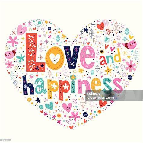 Love And Happiness Typography Lettering Decorative Text Heart Shaped