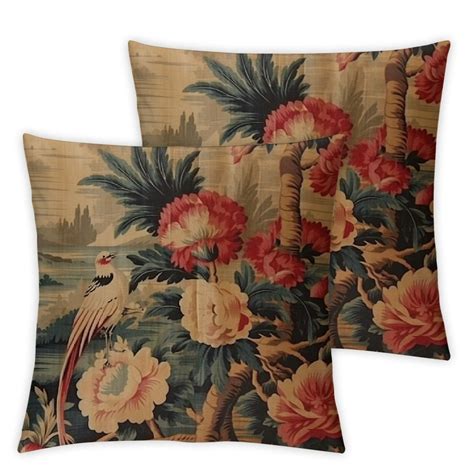 JEUXUS Classic Chinese Style Pillow Cases Chinoiserie Red Floral Bird