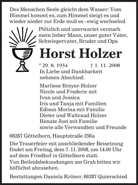 Traueranzeigen Von Horst Holzer Saarbruecker Zeitung Trauer De