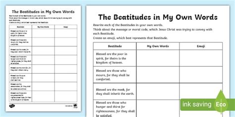 The Beatitudes In My Own Words Worksheet Re Resource Twinkl