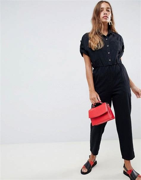 Asos Design Denim Boilersuit With Roll Sleeve In Washed Black Asos