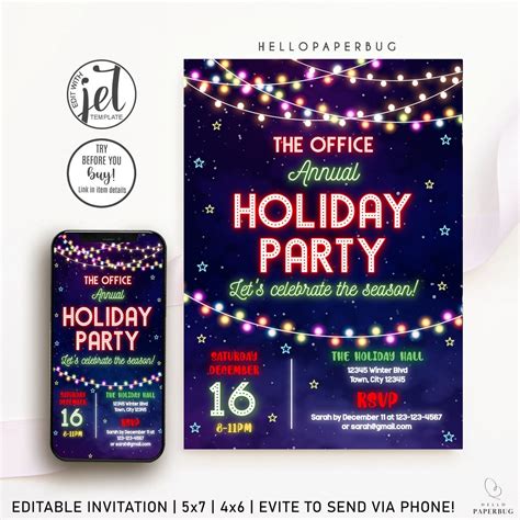 Office Holiday Party Invitation Template, Annual Holiday Party Invite Colorful Lights School ...