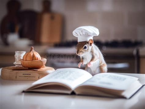 A Squirrel Wearing A Chef S Hat Standing Next To An Open Book AI