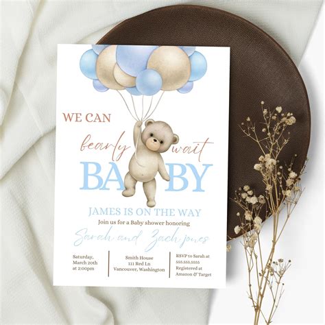 Editable Teddy Bear Hot Air Balloon Bear Theme Baby Shower Invitation We Can Bearly Wait Invites
