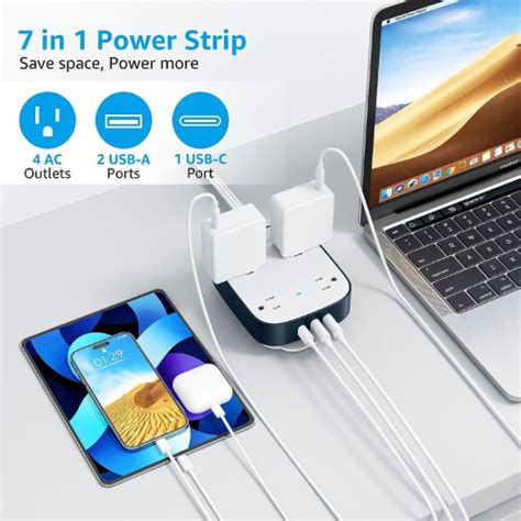 Flat Plug 4 Outlet Surge Protector Power Strip With 3 USB Ports 5 Ft