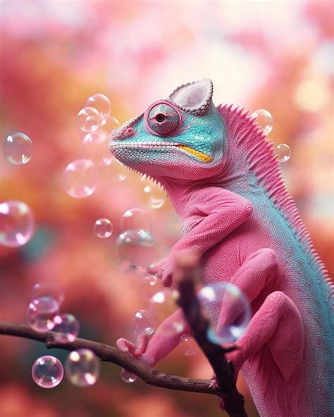 Premium AI Image | a pink lizard with a pink nose and bubbles in the ...