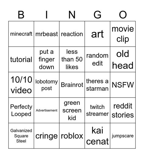 Youtube Shorts Bingo Card