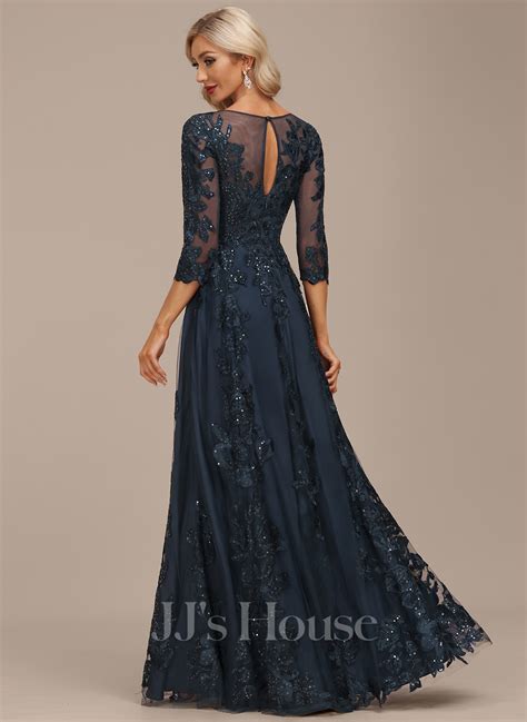 A Line Scoop Illusion Floor Length Lace Tulle Evening Dress With