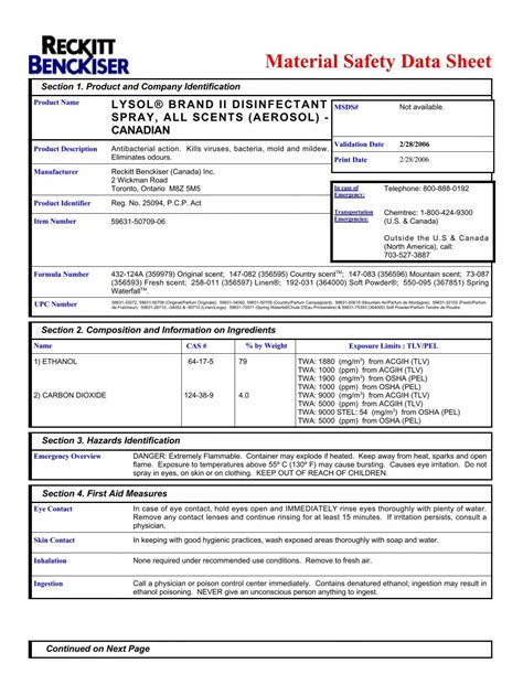 Material Safety Data Sheet For Lysol Disinfectant Spray Captions