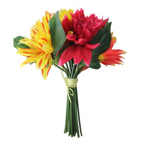 12.5" Red & Yellow Artificial Decorative Elegant Dahlia Flower Bouquet ...