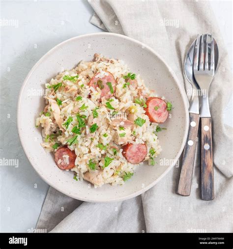 Traditional South Carolina Chicken Bog Dish With Smocked Sausages In A