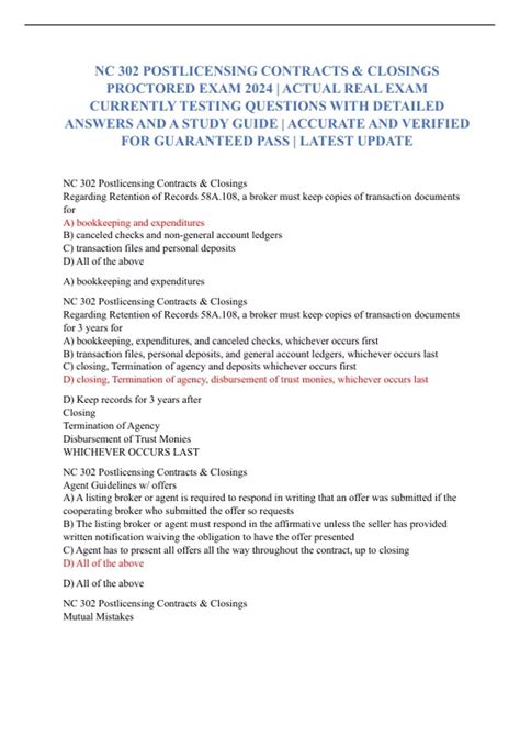 NC 302 POSTLICENSING CONTRACTS & CLOSINGS PROCTORED EXAM 2024 | ACTUAL REAL EXAM CURRENTLY