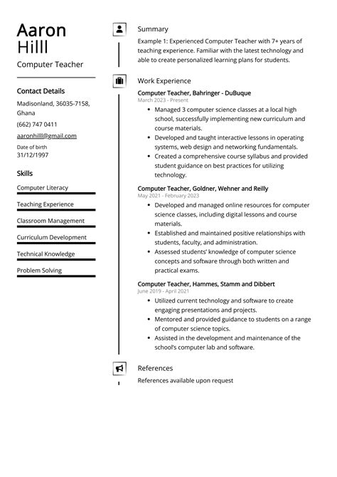 Computer Teacher Resume Example Free Guide