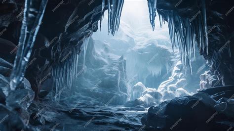 Premium AI Image | a frozen cave with ice and a waterfall.