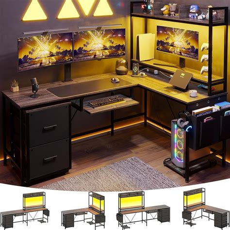 L Shaped Gaming Desk Reversible Corner Computer Desk with Power Outlet ...