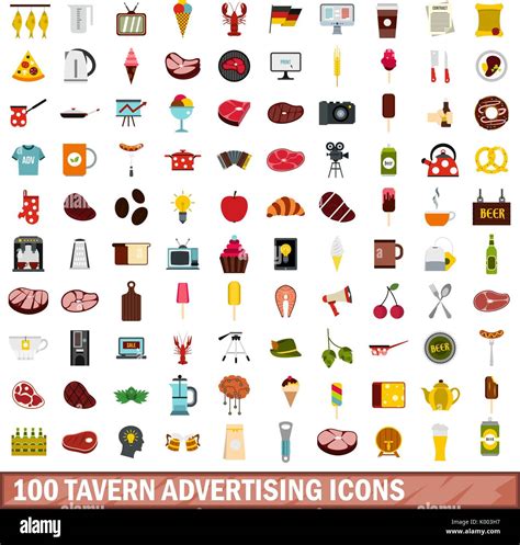 100 Tavern Advertising Icons Set Flat Style Stock Vector Image And Art