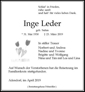 Traueranzeigen Von Inge Leder Trauer L Neburg De