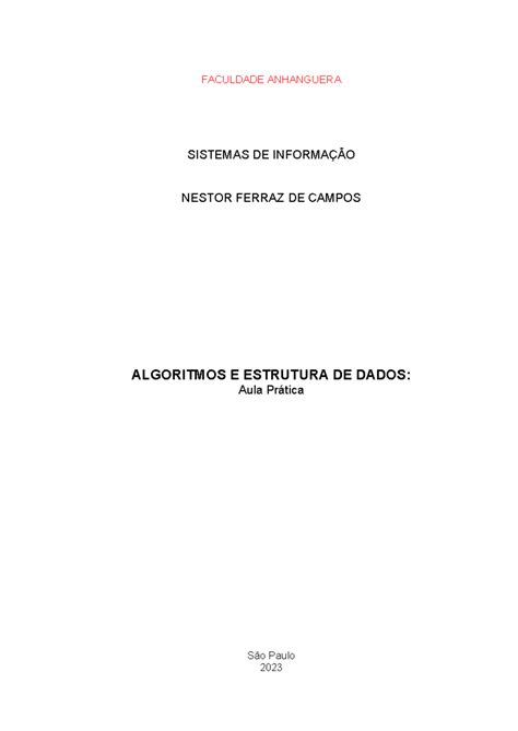 Relatório De Aula Prática Algoritmos E Estrutura De Dados São Paulo 2023 Faculdade