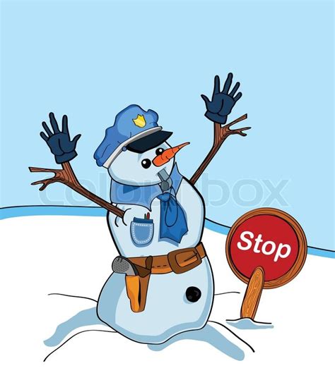 Illustration Of Funny Snowman With Police Suit And Stop Sign Stock