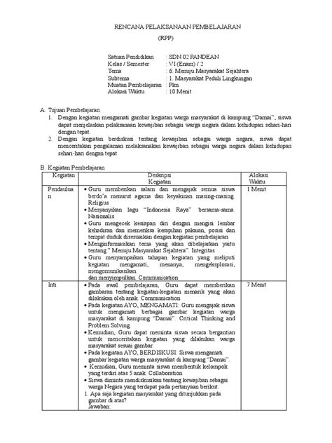 Rpp Kelas Vi Tematik Fungsi Sanitasi Dan Drainase Riska Ayu Pdf