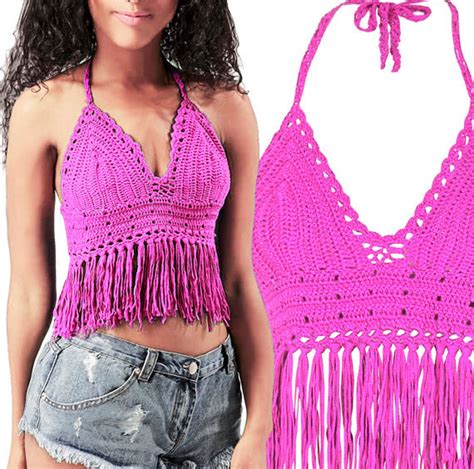 Crochet Hot Pink Halter Top Pattern Fringed Bikini Top Boho Etsy