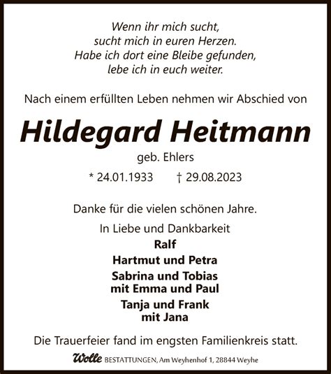 Traueranzeigen Von Hildegard Heitmann Trauer Kreiszeitung De