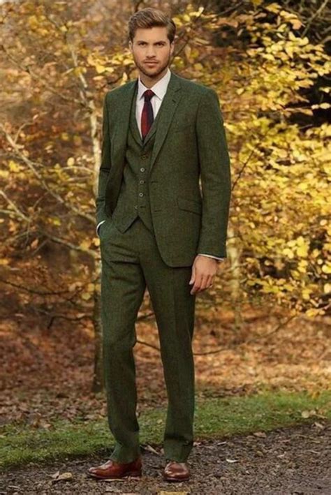 Men Tweed Green Suit Winter Wedding Suit 3 Piece Dinner Suits