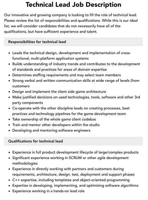 Technical Lead Job Description Velvet Jobs