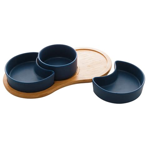 Conjunto 3 Petisqueiras Porcelana Bandeja Bambu Azul Matt 30x15x6cm