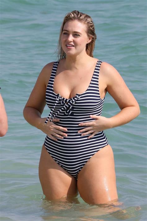 Iskra Lawrence Seen Wearing Black And White Striped Swimsuit During A