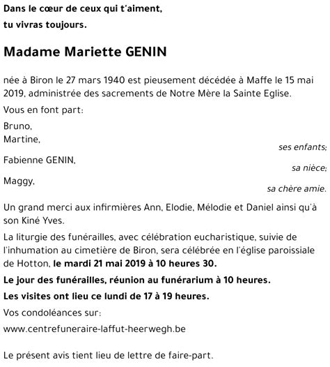 Avis De Décès De Mariette Genin Décédé Le 16052019 à Maffe Annonce