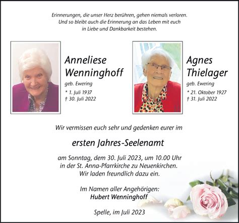 Traueranzeigen Von Agnes Und Anneliese Noz Trauerportal