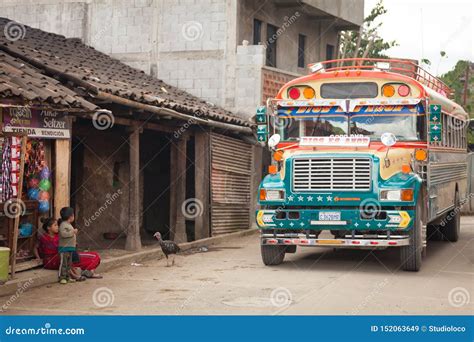 Colorful Chicken Bus On The Street In Guatemalan Village Editorial