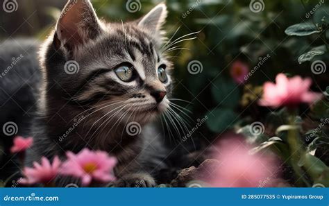 Lindo Gatito Sentado En La Hierba Mirando Con Curiosos Ojos Verdes