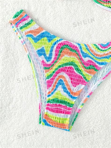 SHEIN Swim Mod Summer Beach Allover Print Smocked Underwire Bikini Set