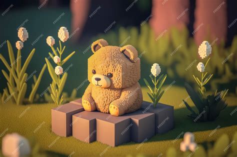 Медведь, животные из 3d-кубов, воксельная иллюстрация для видеоигр или ...