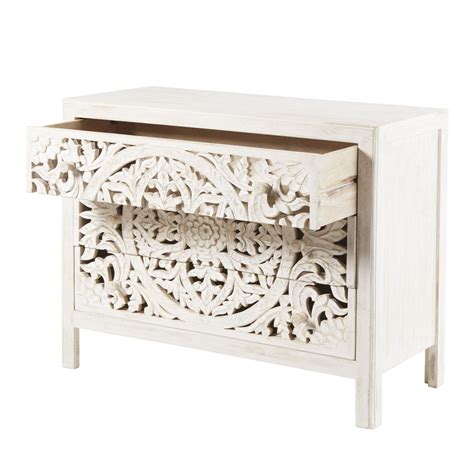 Commode Tiroirs En Manguier Massif Sculpt Blanc Kerala Maisons Du